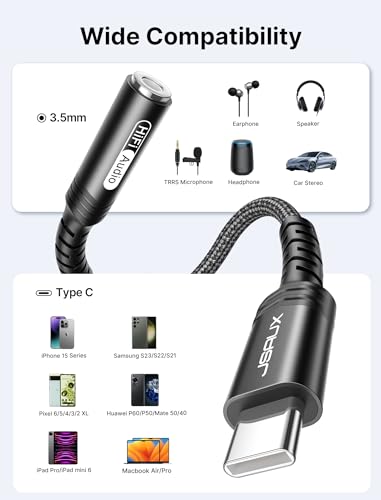 JSAUX USB C to 3.5mm AUX Audio Adapter for iPhone 17/15, Galaxy S25, Black - color: Black, size: 1 x 0.6ft
