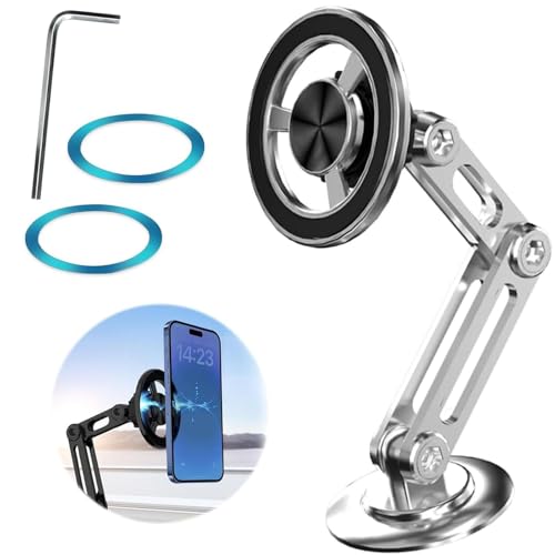 Universal 360° PRO Magnetic Suction Phone Holder Car,Alloy Folding Magnetic Cell Phone Holder for Car [Super Strong Magnet] Bracket Magnetic Dashboard Phone Car Mount for All Smartphone (Silver) - color: Silver