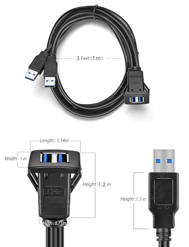 Dual USB3.0 Square Flush Mount - 1M 3ft USB 3.0 Extension Mount, Dash Mount, Flush Mount, Panel Mount Cable, for Car, Boat, Motorcycle (3 feet) (Pack of 2) - size: 3 feet (Pack of 2)