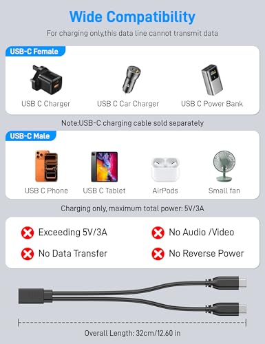 USB C Splitter 1 in 2 Out, USB Type C Splitter, USB C Female to Dual Type C Male Port Power Charging Cable (Only for Charging, Can't Transmit Data) - style: 1 in 2 out