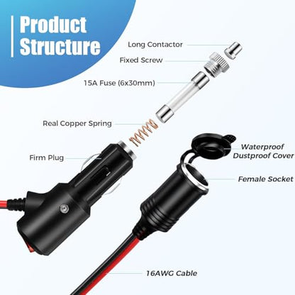 3.3Ft/1M Cigarette Lighter Extension Cord with On Off Switch 12V/24V Male to Female Socket 16AWG Heavy Duty Extension Cable - size: 1m/3.3ft