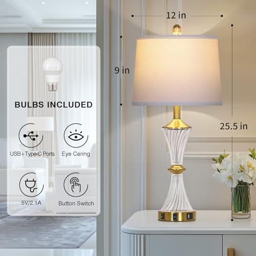 Rinweey Crystal Glass Table Lamp with USB C+A Ports & AC Outlet,Modern Bedroom Lamps,Gold Lamp for Night Stands Bedroom Living Room,Nightstand Lamp LED Bulbs Included,Single Gold - color: Gold-1P