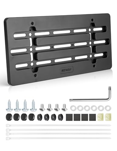 RED WOLF Front License Plate Bracket Mounting Kit Universal Bumper Car Holder Tag Frame Install Adapter for Car Truck Van SUV w/Anti-Theft Screw Caps Fastener Nuts Foam Pad Cable Ties