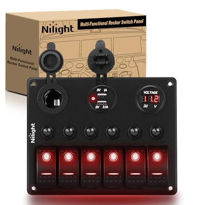 Nilight 6 Gang Rocker Switch Panel On Off with Resettable Circuit Breaker - color: Red, size: 6+3 Gang Dual USB