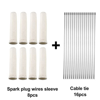 X AUTOHAUX 8 Pcs High Heat Shield Engine Spark Plug Wire Boots Protector Sleeve Cover with 16 Pcs Stainless Steel Wire Cable Ties Set for Car White - color: White