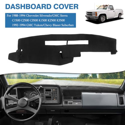 FIILINES Dash Cover Fit for 1988-1994 Chevrolet Silverado/GMC Sierra C1500 C2500 C3500 K1500 K2500 K3500, 1992-1994 GMC Yukon/Chevy Blazer Suburban Dashboard Mat Accessories Non-Slip No Glare Black - size: For Silverado 1988-1994