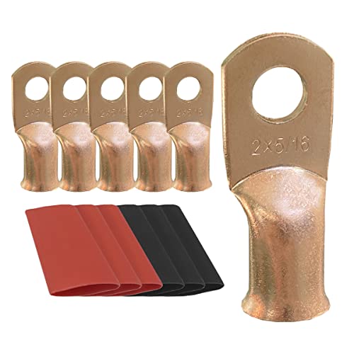 10pcs 2 AWG-5/16 Ring Battery Lugs, Copper Lugs, Battery Cable Ends, Tubular Ring Terminals, Crimp Wire Ring Lugs, Battery Terminal Connectors with Heat Shrink Tubing (10, 2 Awg - 5/16" (M8) Ring) - size: 2 Awg - 5/16" (M8) Ring