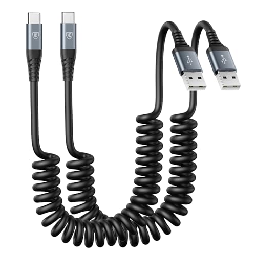 USB C Cable 6ft, 2Pack USB A to USB C 3A Fast Charging, Coiled Type C - color: Black, size: 6FT