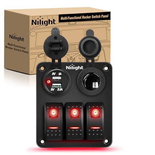 Nilight 3 Gang Rocker Switch Panel SPST On Off 12 Volt Toggle Red - color: Red, size: 3+2 Gang Dual USB