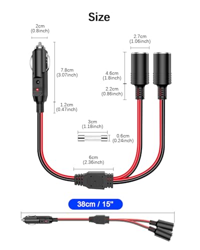 Car Cigarette Lighter Splitter Adapter 2 Sockets, Multi Plug Outlet Extension Cord 12V-24V Dual Female Socket Automotive Replacement Cigarette Lighter 2-Way Splitter Y-Adapter with 15A Fuse