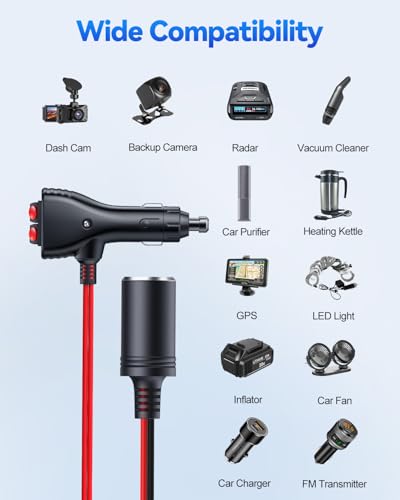 Cigarette Lighter Splitter, 12V Car Cigarette Lighter Splitter, 1 to 2 Double Cigarette Lighter Adapter 2 Way Socket with Dual Independent ON/OFF Switches, 16AWG Dual 12V Car Adapter with 10A Fuse