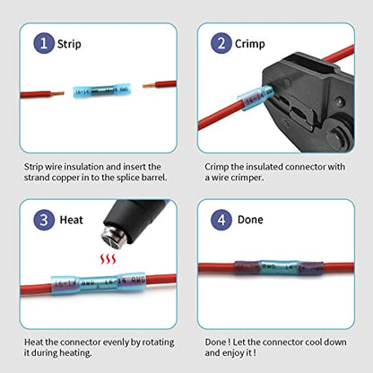 16-14 AWG Heat Shrink Butt Connectors - 100Pcs Blue Insulated Waterproof Electrical Marine Automotive Wire Splice Connector Crimp Wiring Terminals - size: AWG 16-14