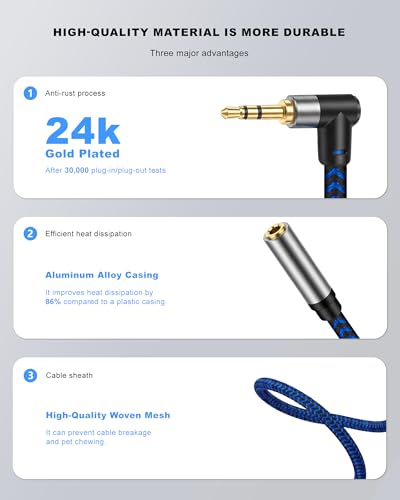 3.3FT (1M) 3.5mm Audio Extension Cable, 90-Degree Right Angle Aux Extender Cord (Male to Female), Nylon Braided TRS Stereo Audio Jack Adapter for Car, PC, Speakers, Headphones (No Mic Support) - size: 3.3FT