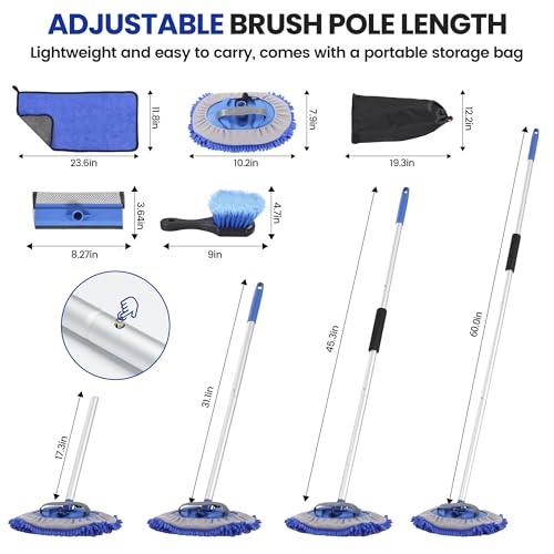 Car Wash Brush with Long Handle, 60'' Car Wash Mop, 7Pcs Chenille Microfiber Cars Washing Kit with Window Squeegee/Microfiber Towels /Wheel Brush for Cars RV Truck Boat Floor Window, Blue - color: Blue