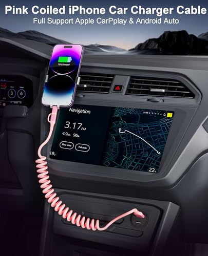 USB to Lightning and USB C Cable 2 in 1 Coiled Pink iPhone Charger - Pink Car Charger Lightning USB C Combo Cable Support Apple Carplay & Android Auto & Data, for iPhone 16 15 14 13 12 11 Android - color: Pink