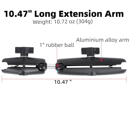 Dual Extension Double Socket Arm with 1" Double Ball Adapter Compatible with RAM B Size Mount and Other 1 inch Industry Standard Device, 360° Rotation Rod for Bike, Truck, Car (10.47" Length) - size: 10.47 " length