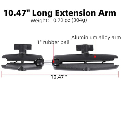 Dual Extension Double Socket Arm with 1" Double Ball Adapter Compatible with RAM B Size Mount and Other 1 inch Industry Standard Device, 360° Rotation Rod for Bike, Truck, Car (10.47" Length) - size: 10.47 " length
