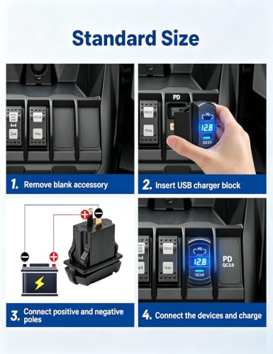 Anina USB C Rocker Switch On/Off Rocket Style Outlet 18W QC 3.0 USB A + 30W PD Charger with LED Voltmeter Display for 12V/24V RV Boat Motorcycle Marine ATV