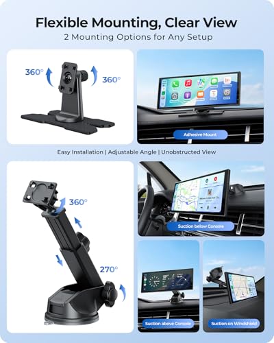 10.26" Wireless Portable 60FPS CarPlay Screen with 4K Front & HD Rear Dual Dash Cam for Apple Car Play & Android Auto 1920*720 Fully Laminated Tablet with Mirror Link, Bluetooth, GPS Navigation