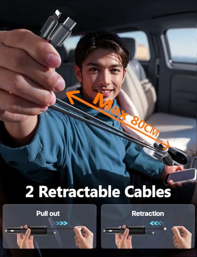 Starlight Retractable Car Charger with Retractable Cables, Starlight in Car Roof 4 in 1 Super Fast USB C Car Phone Charger, 2 USB Ports Starry Sky Adapter, Compatible with iPhone 17 16 15 14 13 12 - color: Dark Black