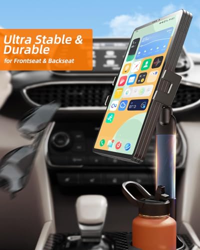 3 in 1 Tablet Holder for Car Bottle, 360°Rotatable & Aluminum Telescopic Arm Sturdy Rod Cup Holder Tablet Mount for iPad Pro 12.9/11/10.5/9.7/Air/Mini 6/5/4, iPhone 17/16/Pro, 4.7-12.9" Tab & Phone