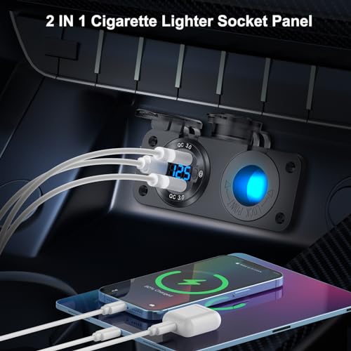 12V USB Outlet Marine Switch Panel Plug, PD3.0 and Dual QC3.0 USB Ports Aluminum Car Charger with LED Voltmeter Power Switch, Lighted 150W Cigarette Lighter Socket 2 in 1 DIY Kit for Boat RV ATV, etc. - color: Charger+Socket