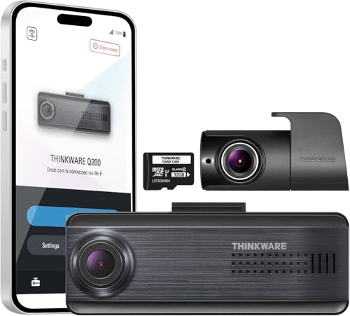 THINKWARE Q200 Dash Cam Car Dashboard Camera, WiFi, WDR, Speed Red Light Alerts, ADAS, 256GB Max, Parking Monitor, Night Vision (32GB MicroSD, 12V Cigar, Hardwiring Cable) (2CH Front and Rear) - color: 2CH Front and Rear