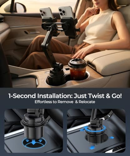 Dual Cup Holder Phone Mount for Car, 360° Adjustable Fits Two Phones - color: Double Clamp