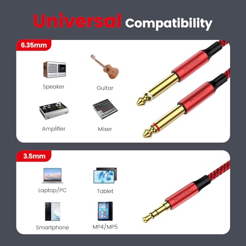MOSWAG 3.5mm 1/8" TRS to 2 x 6.35mm 1/4" TS Mono Y Cable 3.28FT/1Meter Splitter Cable Compatible with Phone,iPod,Laptop,CD Players,Power Amplifier,Mixer,Home Stereo Systems - color: Red, size: 3.28FT/1Meter