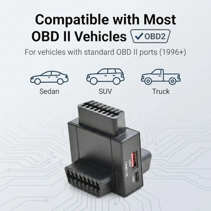 iKKEGOL OBD2 Splitter Adapter, OBD II 16 Pin 1 Male to 2 Female Extension Cable with USB & USB-C Charging Ports, OBD2 Y Splitter 2 Way Dual Converter for Diagnostic Scanner Dash Cam (Top Widest) - color: Top Widest
