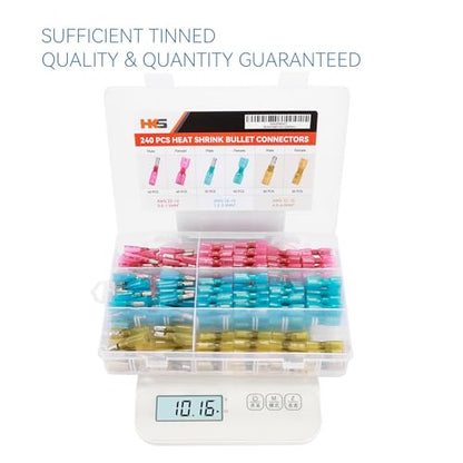 HKS 240PCS/120 Pairs Heat Shrink Bullet Connectors Kit – 22-10 AWG Male & Female Wire Terminals – Tinned Copper Crimp Connectors – Insulated Waterproof – for Automotive, Marine & Electrical Wiring - size: 10-22 AWG, style: Male&Female Bullet-240 pcs