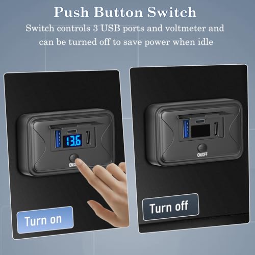 90W 12V USB Outlet Panel Wall Mount, Dual 36W USB C and QC 3.0 18W Car USB Port Charger with Voltmeter Button Switch, Waterproof 3 USB Multi Port Power Outlet DIY 12V Accessories for Car Bus RV -2 PC - size: 2PCS