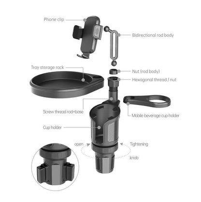 4-in-1 Car Cup Holder Expander with 360° Swivel Tray, Universal Adjustable Base for Large Mugs and Bottles, Integrated Smartphone Mount for Food and Snacks, Black