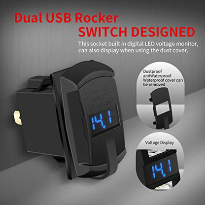 DaierTek USB Rocker Switch Red Led Digital Voltmeter Dual USB Car Charger Adapter Socket Waterproof for Rocker Marine Switch Panel on Boat RV Vehicle - color: red