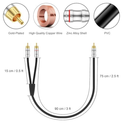 J&D RCA Cable, 1 RCA Male to 2 RCA Male Y-Splitter Digital Stereo Audio Cable Subwoofer Cord for Subwoofer, Home Theater, 3 Feet - size: 3 Feet