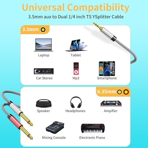 1/8 Stereo to Dual 1/4 Mono Cable - 6ft, 3.5mm to Dual 1/4 Inch TRS Splitter - color: 3.5mm to 2x6.35mm Audio Cable, size: 6 feet