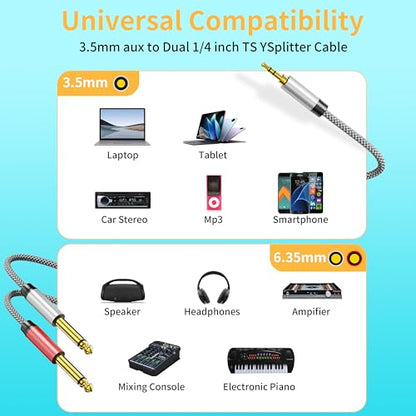 1/8 Stereo to Dual 1/4 Mono Cable - 6ft, 3.5mm to Dual 1/4 Inch TRS Splitter - color: 3.5mm to 2x6.35mm Audio Cable, size: 6 feet