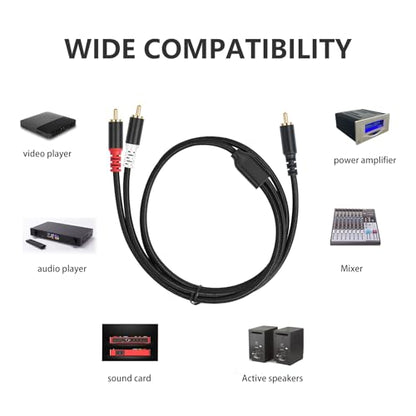 RCA Y Splitter 1 Male to 2 Male Audio Cable 6.6FT, Black Cotton Braided Jacket Gold-Plated Plug Premium Shielded Audio Cable