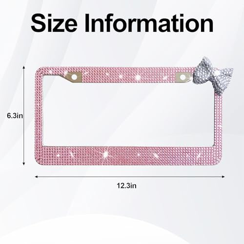 Wanheart 1 Pack Pink Bling License Plate Frame with White Corner Bow - color: Pink Frame + White Bow