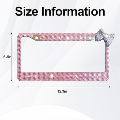 Wanheart 1 Pack Pink Bling License Plate Frame with White Corner Bow - color: Pink Frame + White Bow