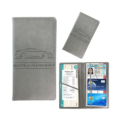 Kewucn Car Registration and Insurance Card Holder, Leather Auto License Document Glove Box Compartment Organizer, Essentials Vehicle Wallet Case for Driver License, ID Card (Gray) - color: Large-Gray