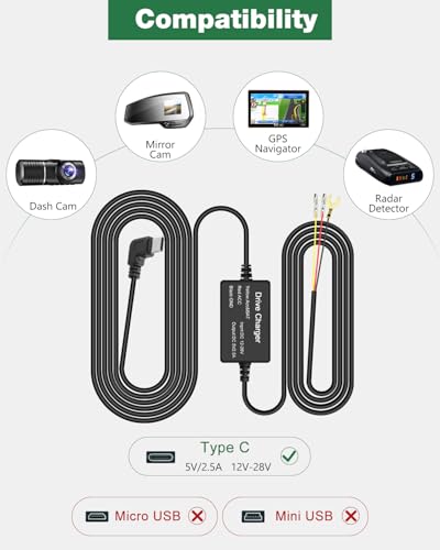 Dash Cam Hardwire Kit with USB C Interface, 12V-28V to 5V, 9.8FT Cable