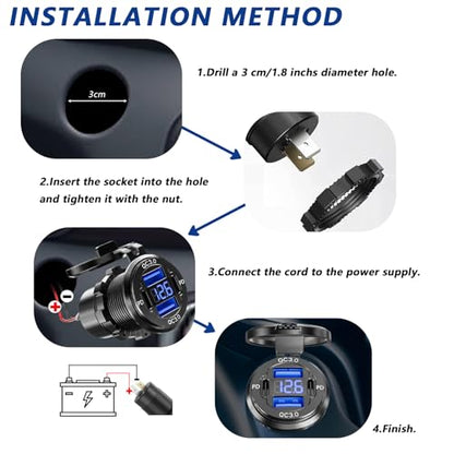 Dual PD USB C Ports & Dual Quick Charge 3.0 Ports Car Charger Socket, VANONE Aluminum Alloy Waterproof 12V USB Outlet, Accessories for Car Boat Marine Motorcycle RV ATV Truck Golf Cart, etc