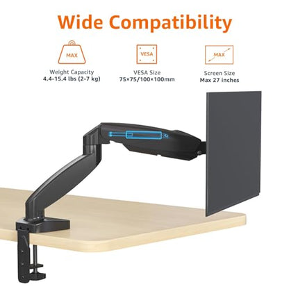 Amazon Basics Gas Spring Single Monitor Arm Desk Mount, Adjustable Tension, Fits 15–27 Inch Monitors, Supports 4.4–15.4 lbs, VESA 75x75/100x100, Black - size: Single, style: GasSpringMonitor