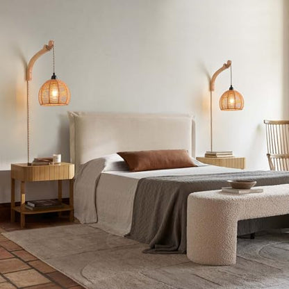 Plug in Wall Sconce,Farmhouse Wicker Wall Lamp Plug in,Hand Woven Rattan Wall Light Farmhouse Rustic Boho Sconces Wall Lighting for Living Room Bedroom - color: Rattan, size: 1 Pack 7.87IN