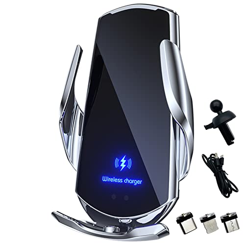 Wireless Car Charger Automotive Electric Induction 15W Wireless Charger Car Vent Mount Bracket Fast Charging Auto-Clamping Car Phone Holder Mount Air Vent Phone Holder Silver… - color: Silver