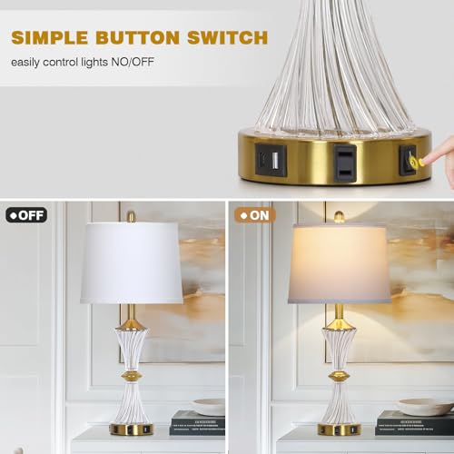 Rinweey Crystal Glass Table Lamp with USB C+A Ports & AC Outlet,Modern Bedroom Lamps,Gold Lamp for Night Stands Bedroom Living Room,Nightstand Lamp LED Bulbs Included,Single Gold - color: Gold-1P