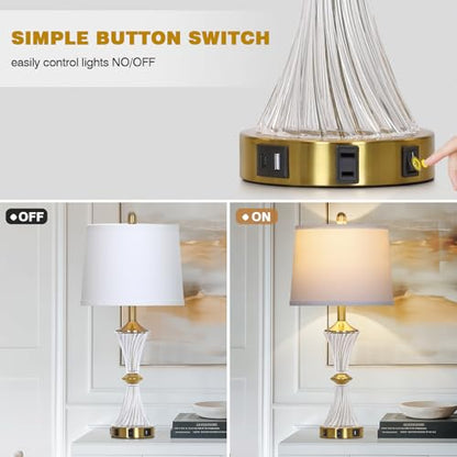 Rinweey Crystal Glass Table Lamp with USB C+A Ports & AC Outlet,Modern Bedroom Lamps,Gold Lamp for Night Stands Bedroom Living Room,Nightstand Lamp LED Bulbs Included,Single Gold - color: Gold-1P