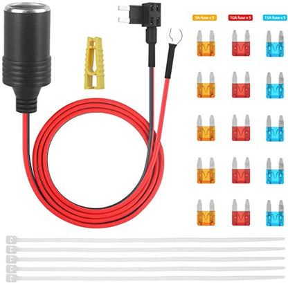 12V Add-a-Circuit Tap Adapter for Car Cigarette Lighter Socket, 1m 18AWG Cable with Fuse Holder （Mini ATM/APM Blade Fuses）