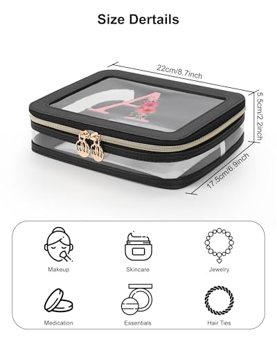 Relavel Personalized Initial Clear Makeup Bag, PU Leather Waterproof Travel Toiletry Bag with Zipper, Portable Skincare Pouch Car Organizer Bag, Idea Gifts for Women Girls, Black C - size: Medium, style: C